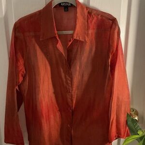 Kasper Women's Vibrant Orange Sheer Button-Down Blouse Cotton/Silk Blend
